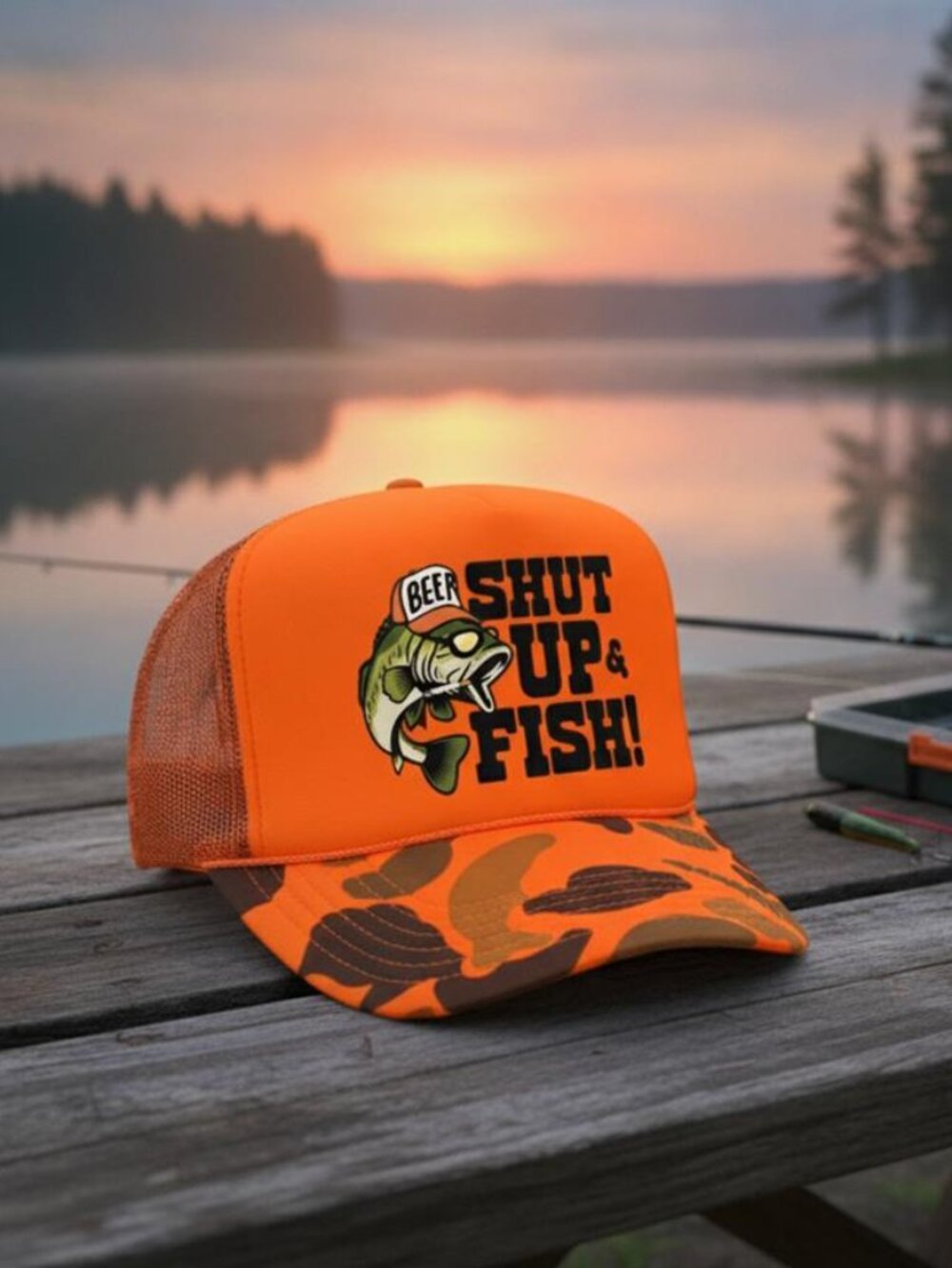 Funny Shut Up And Fish Trucker Hat Orange Camo Bass Fishing Foam Snapback Cap